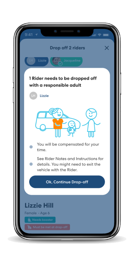 Mobile app interface showing child rider drop-off instructions with blue icons of a van, child, and adult figures