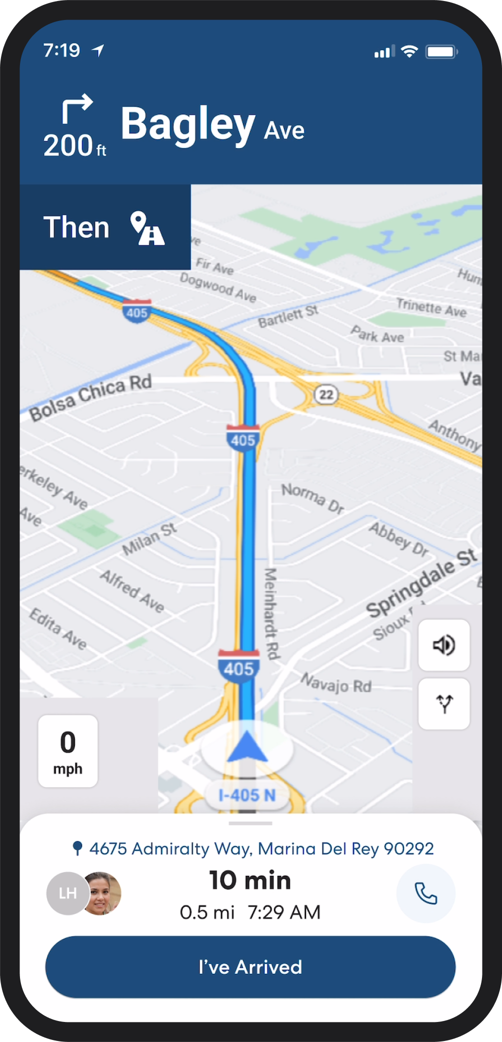 Navigation screen showing directions to 4675 Admiralty Way in Marina Del Rey via I-405, with Bagley Ave indicated at 200ft ahead
