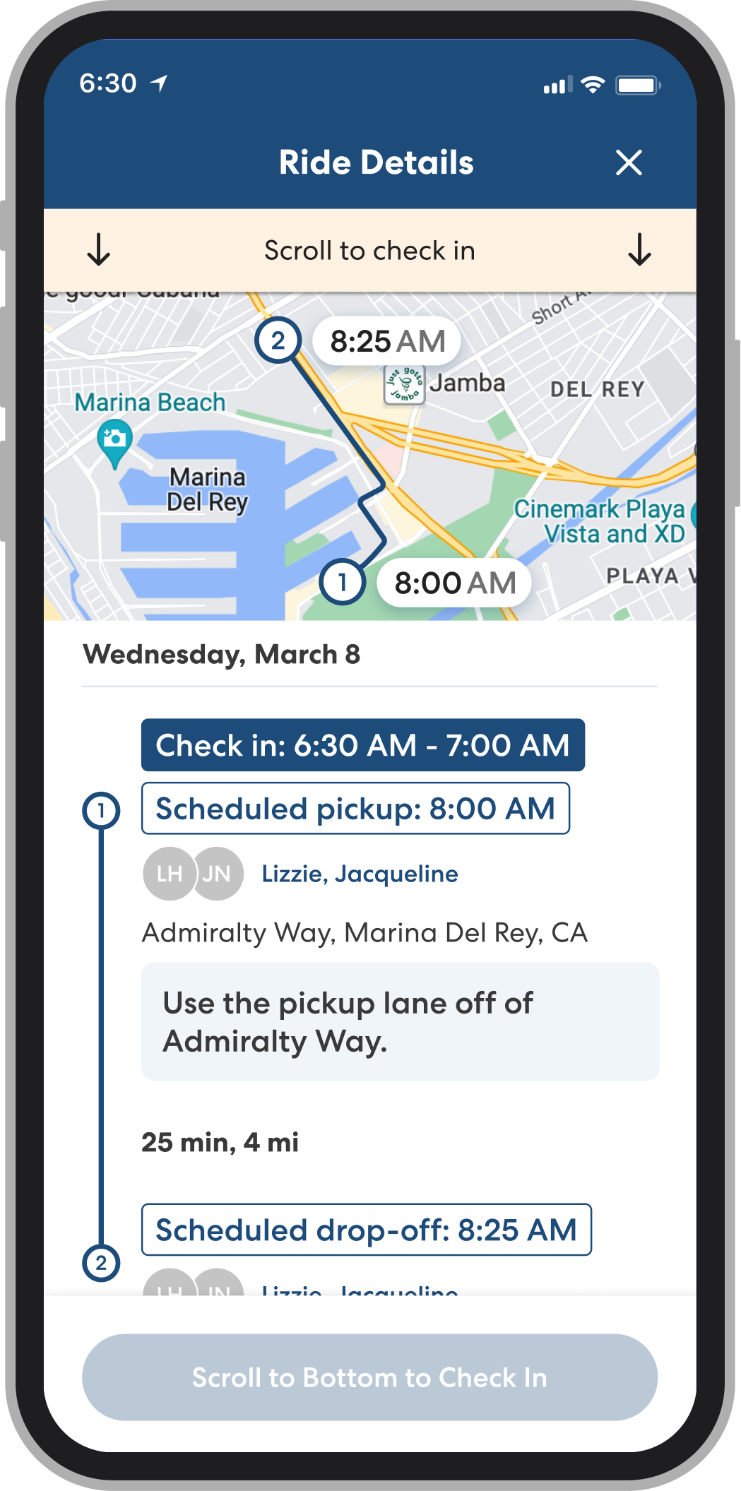 Mobile app screen showing ride details with map, pickup at 8:00 AM and drop-off at 8:25 AM in Marina Del Rey area
