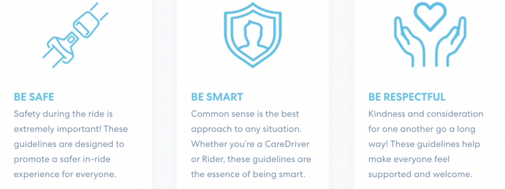 Three blue icons representing safety guidelines: a seatbelt for 'Be Safe', a shield for 'Be Smart', and hands with heart for 'Be Respectful'