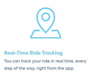 Light blue location pin icon with text explaining real-time ride tracking feature