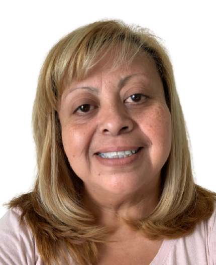 Headshot portrait of a person with blonde hair wearing a light pink top, showing a warm, genuine smile against a white background