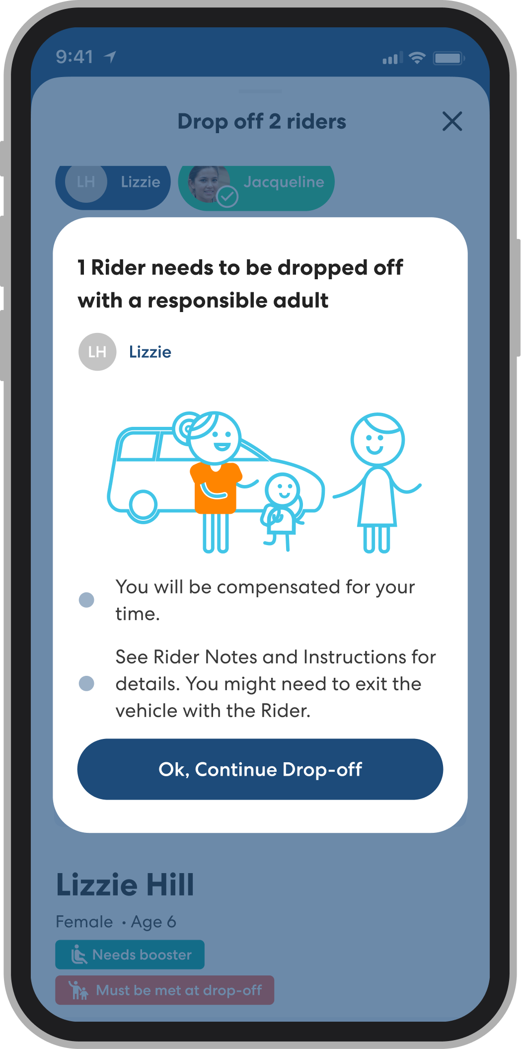 Mobile app screen showing instructions for dropping off a child rider with required adult supervision and safety requirements