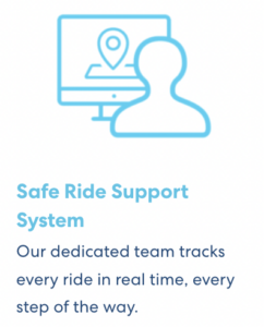Blue line icon showing a computer screen with location pin and user silhouette, representing ride tracking system