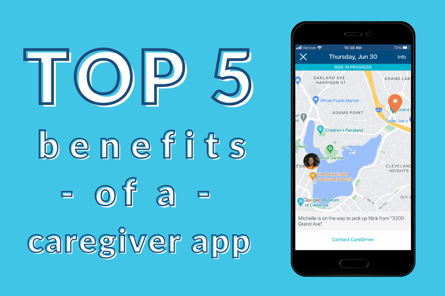 Smartphone displaying a caregiver app map interface, with 'TOP 5 benefits of a caregiver app' text on turquoise background